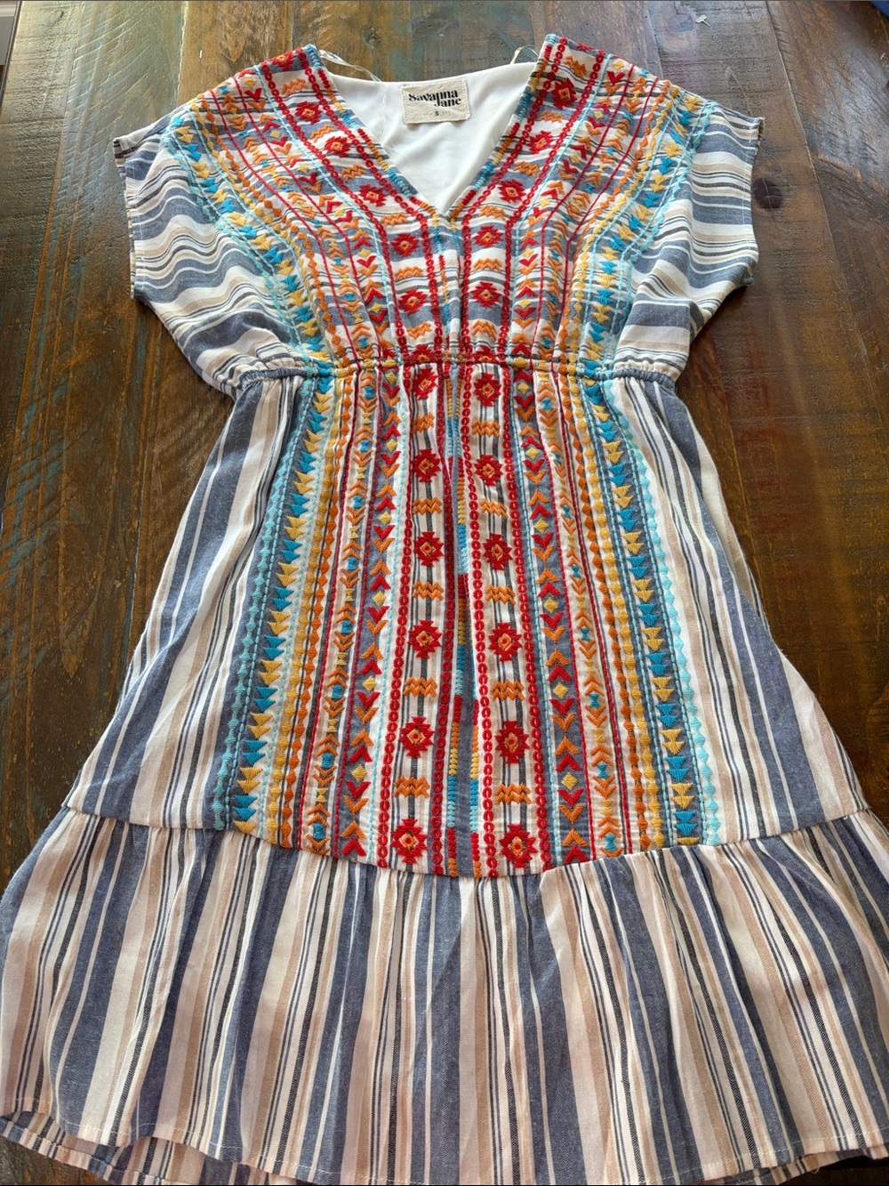 Savanna Jane Embroidered V-Neck Tunic Dress in Multicolor Stripe